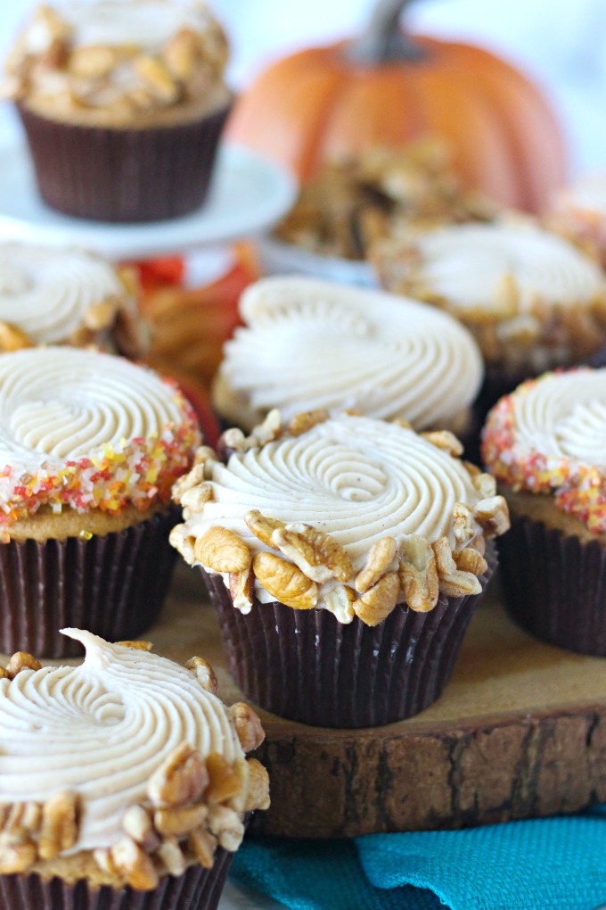 Pumpkin Pecan Cupcakes with Cinnamon Cream Cheese Frosting