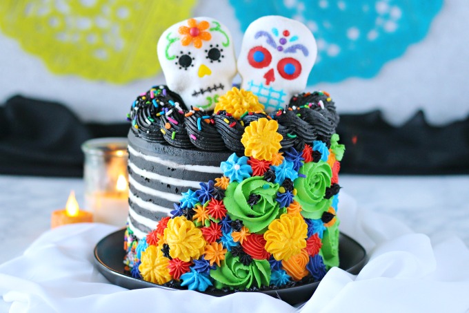 Sugar Skull Layer Cake with piped buttercream marigolds