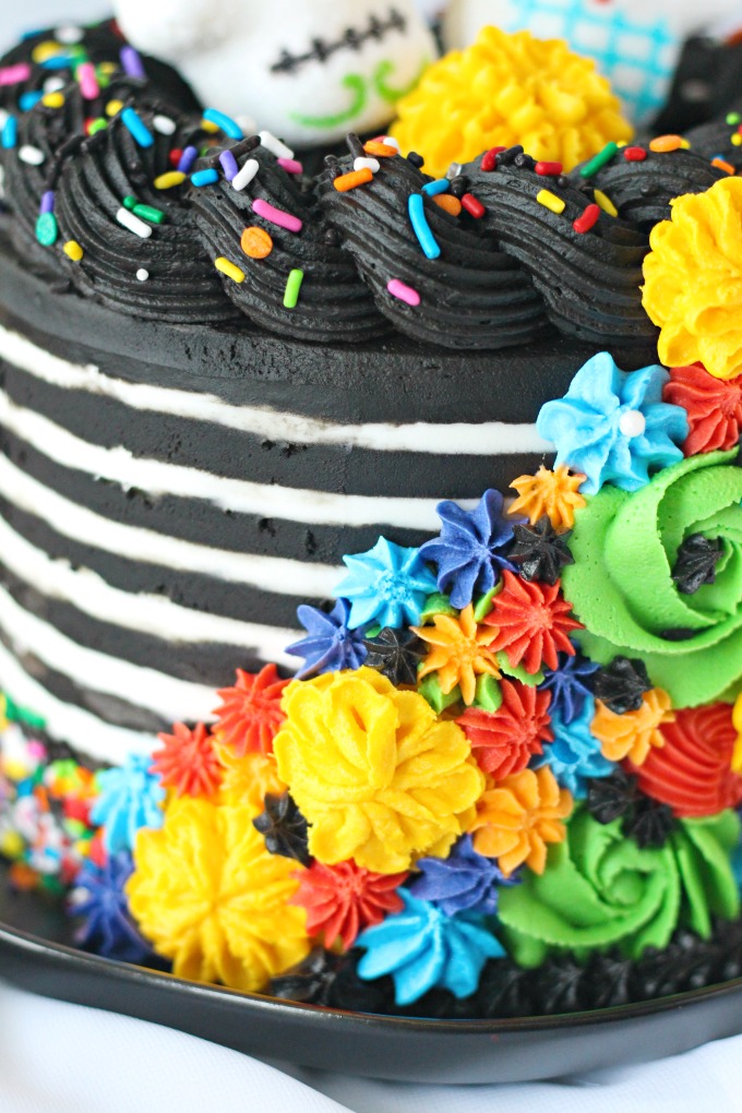 Sugar Skull Layer Cake with piped buttercream marigolds