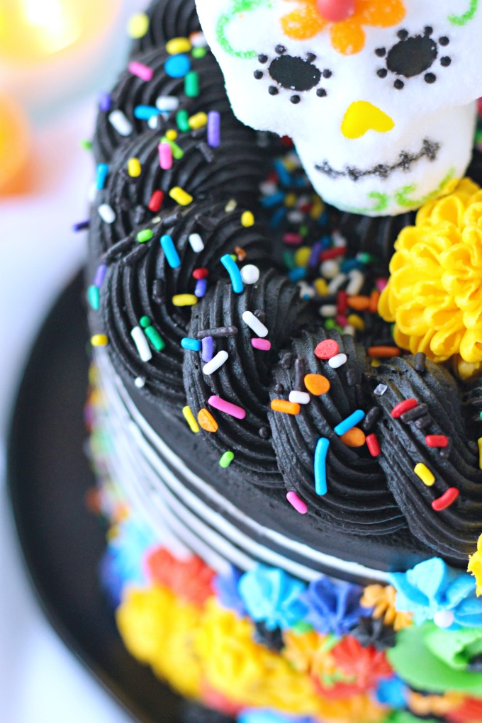 Sugar Skull Layer Cake with piped buttercream marigolds