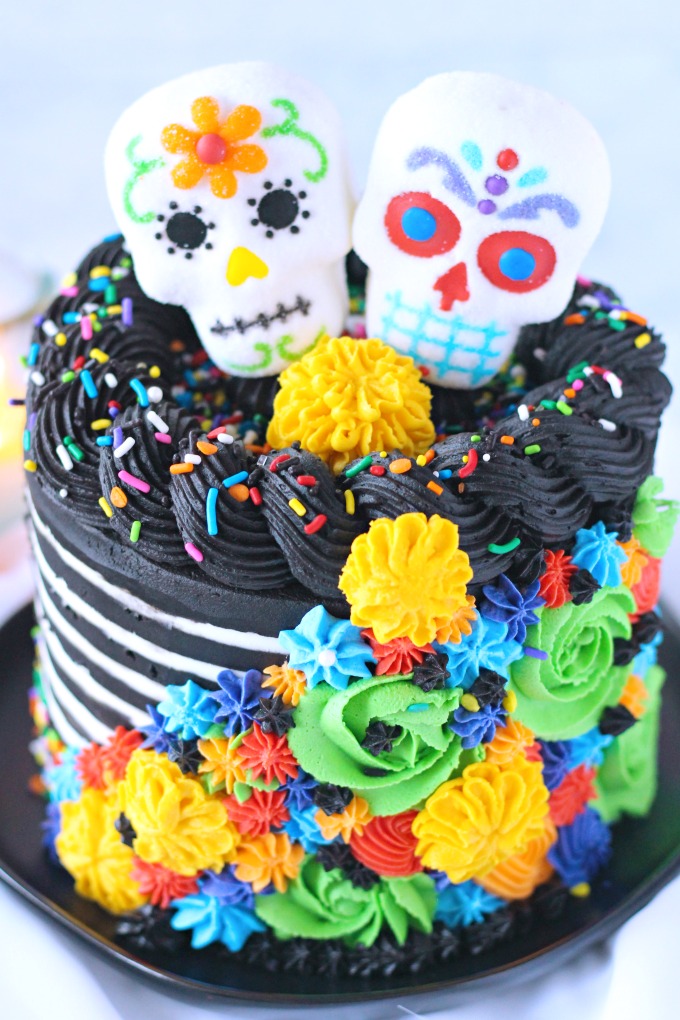 Sugar Skull Layer Cake with piped buttercream marigolds