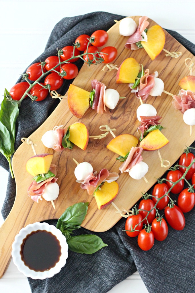 Peach, Prosciutto and Mozzarella Skewer with Balsamic Glaze