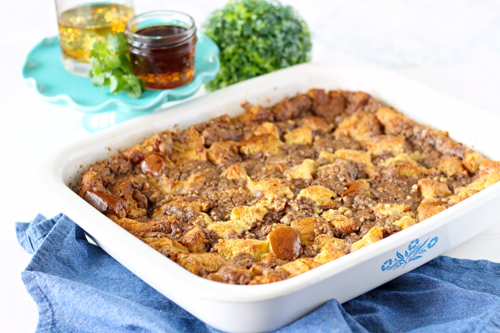 Bourbon Pecan French Toast Casserole made with Cinnamon Pecan Crumble Topping and drizzled with Bourbon Maple Syrup