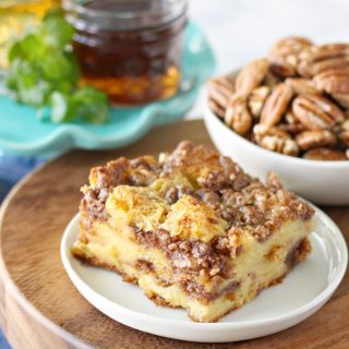 Bourbon Pecan French Toast Casserole made with Cinnamon Pecan Crumble Topping and drizzled with Bourbon Maple Syrup