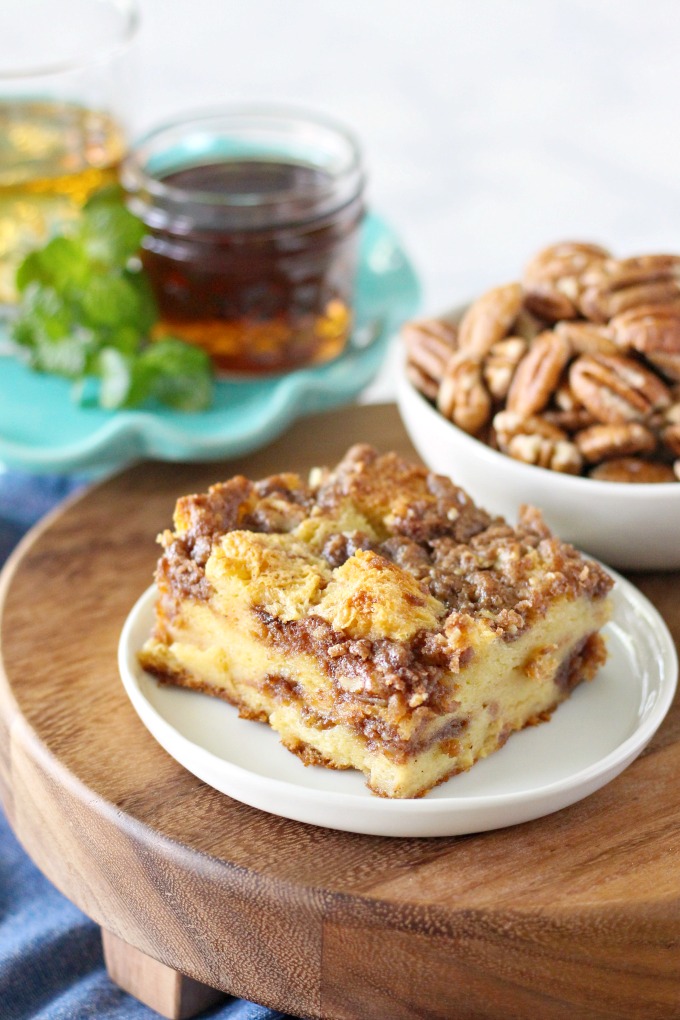 Bourbon Pecan French Toast Casserole made with Cinnamon Pecan Crumble Topping and drizzled with Bourbon Maple Syrup