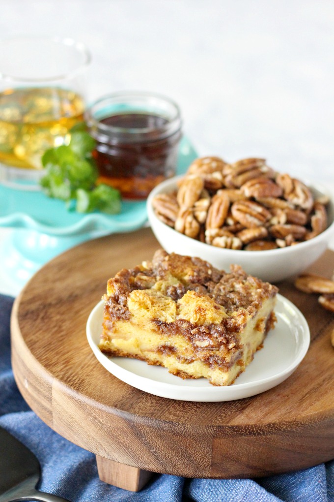 Bourbon Pecan French Toast Casserole made with Cinnamon Pecan Crumble Topping and drizzled with Bourbon Maple Syrup